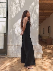Black Cornelli Wide Leg Jumpsuit With Linen - Image 4 of 9