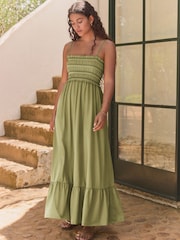 Khaki Green 100% Cotton Jersey Midi Dress - Image 1 of 8