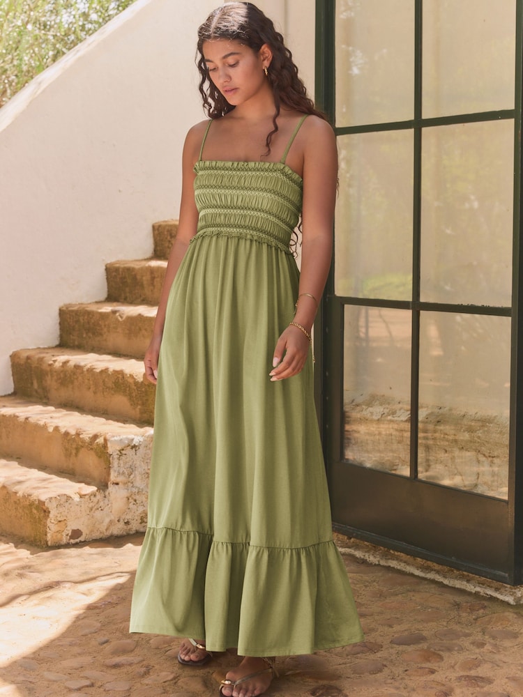 Khaki Green 100% Cotton Jersey Midi Dress - Image 1 of 8