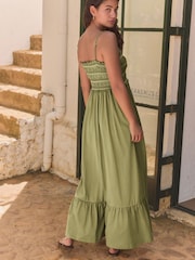 Khaki Green 100% Cotton Jersey Midi Dress - Image 4 of 8