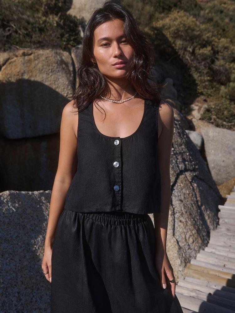 Black 100% Linen Button Down Top - Image 1 of 7