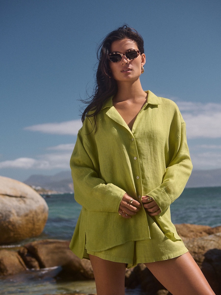 Green 100% Linen Beach Shirt - Image 1 of 8