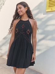 Black Jersey Embroidered 100% Cotton Mini Dress - Image 1 of 6