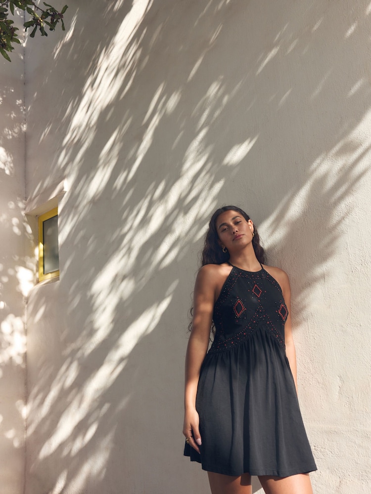 Black Jersey Embroidered 100% Cotton Mini Dress - Image 2 of 6
