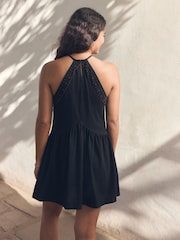 Black Jersey Embroidered 100% Cotton Mini Dress - Image 3 of 6
