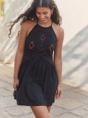 Black Jersey Embroidered 100% Cotton Mini Dress - Image 4 of 6