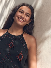 Black Jersey Embroidered 100% Cotton Mini Dress - Image 5 of 6