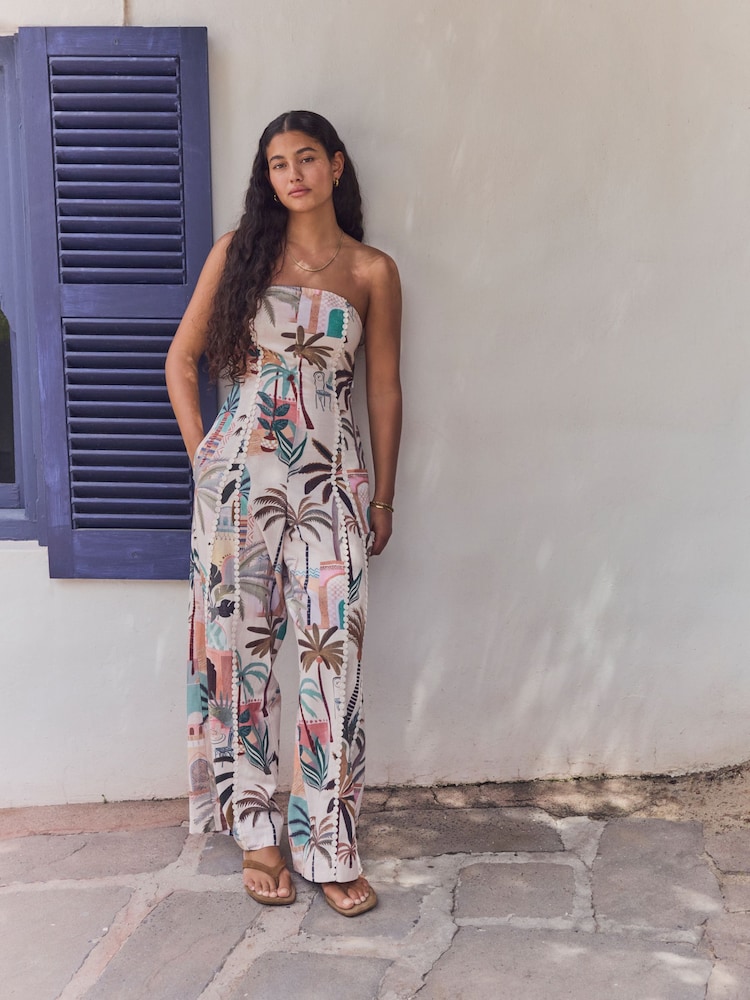 Multi Bandeau Wide Leg Jumpsuit With Linen - Image 1 of 5
