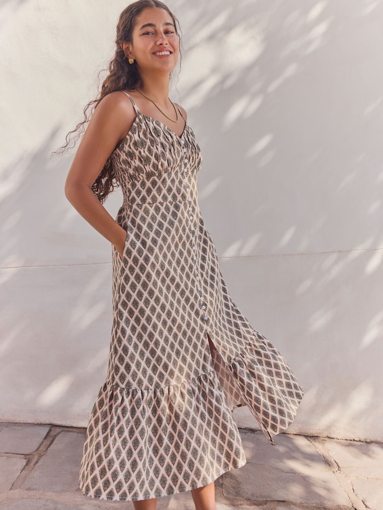Khaki Green Button Down Midi Dress With Linen - Image 1 of 9