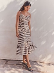 Khaki Green Button Down Midi Dress With Linen - Image 2 of 9