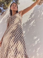 Khaki Green Button Down Midi Dress With Linen - Image 4 of 9