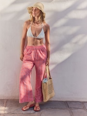 Pink/Red Textured Gingham Wide Leg 100% Cotton Trousers - Image 1 of 9