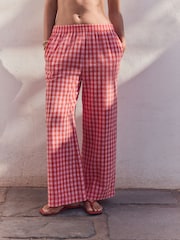Pink/Red Textured Gingham Wide Leg 100% Cotton Trousers - Image 4 of 9