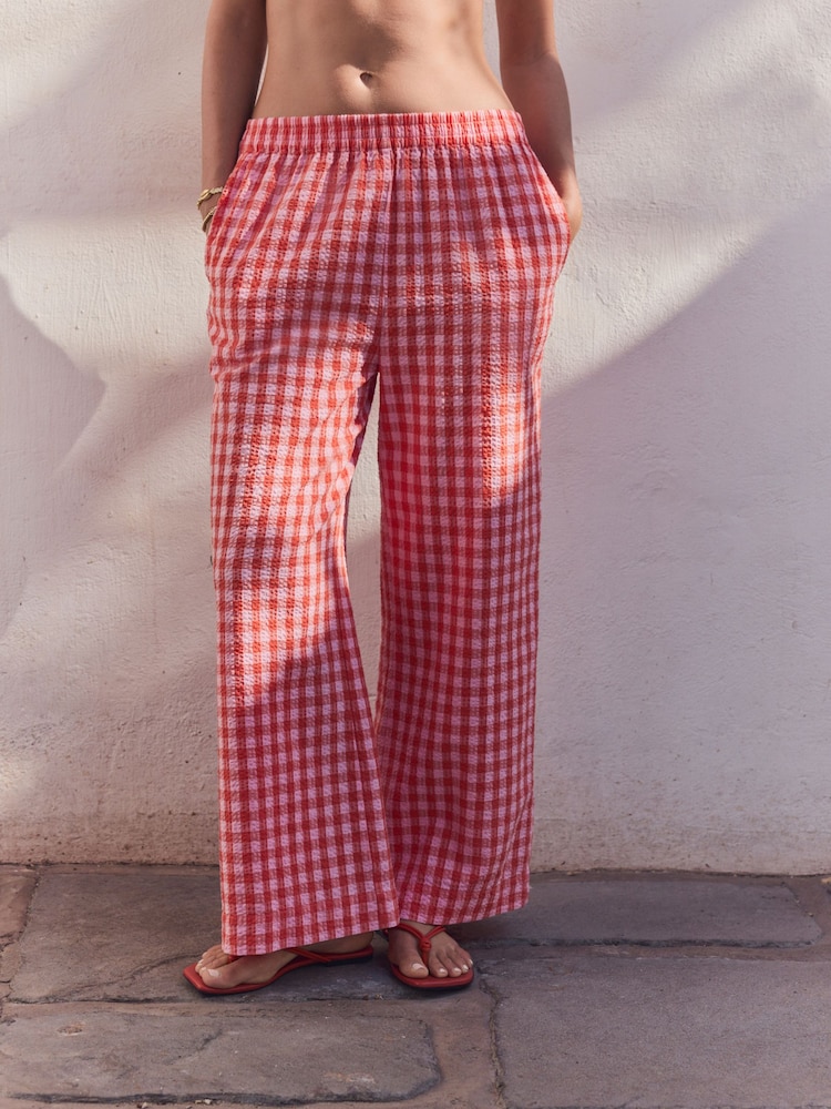 Rose/rouge - Pantalon large texturé vichy 100% coton - Image 4 of 9