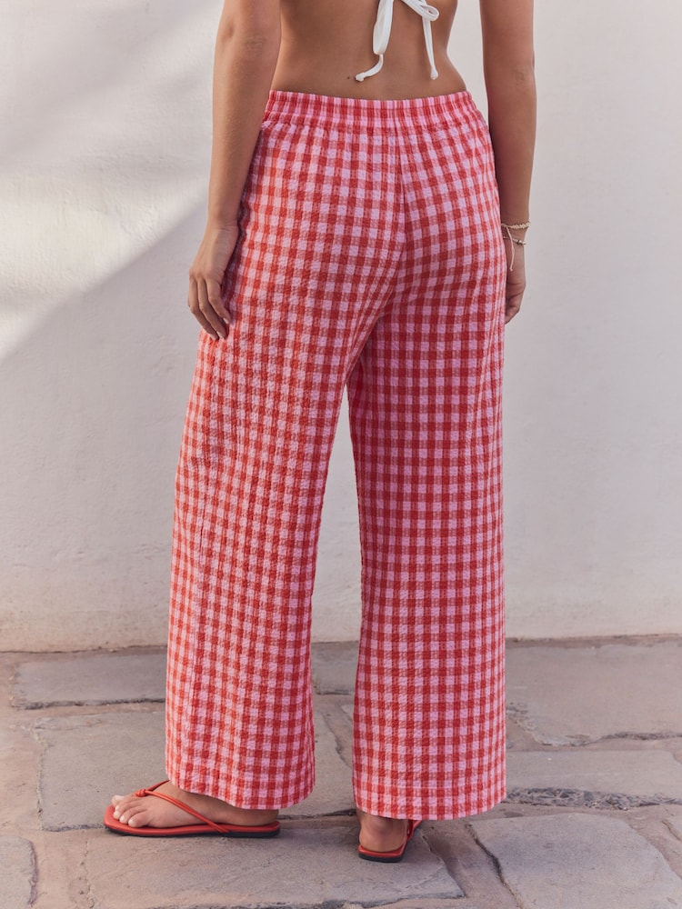 Rose/rouge - Pantalon large texturé vichy 100% coton - Image 5 of 9