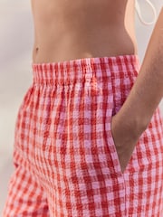 Pink/Red Textured Gingham Wide Leg 100% Cotton Trousers - Image 6 of 9