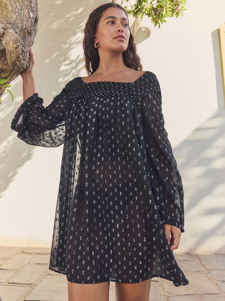 Black Long Sleeve Sheer Sparkle Cover-Up - Image 1 of 5