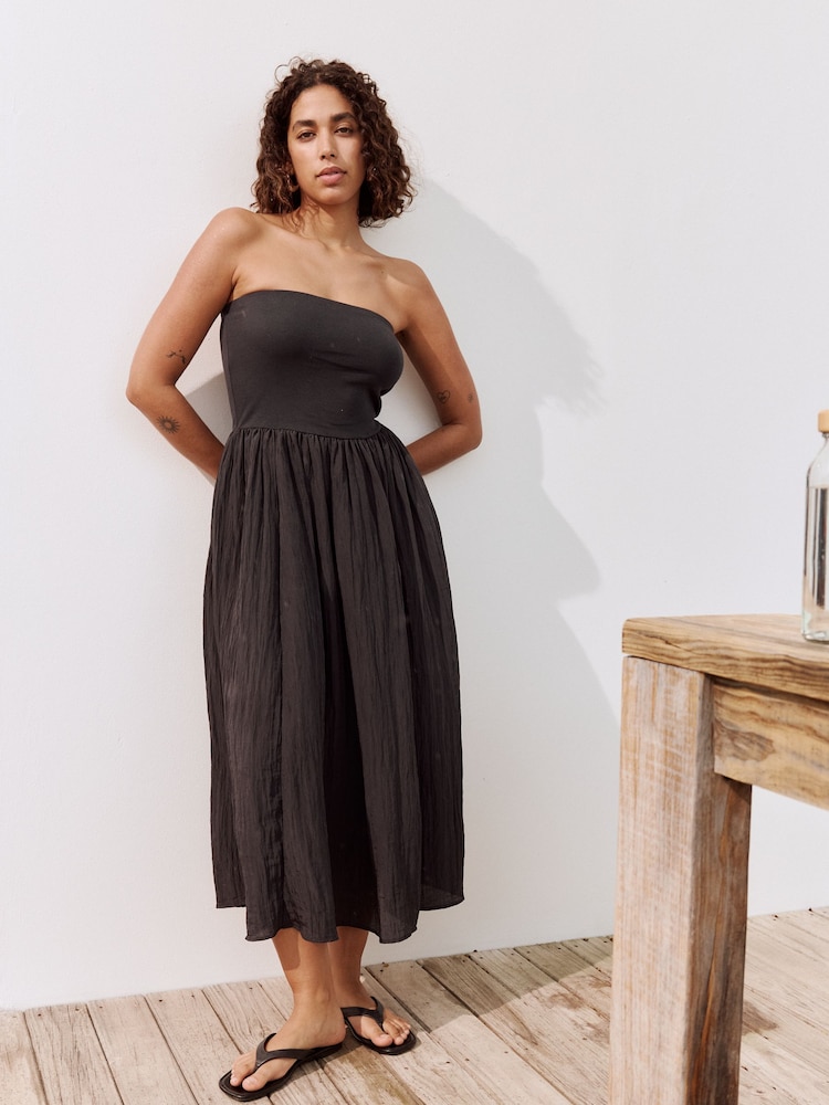 Black Bandeau Jersey Woven Mix Midi Dress - Image 1 of 4