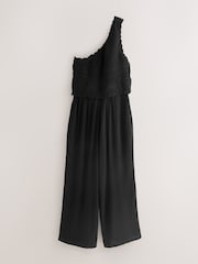 Black One Shoulder Crochet Mix Wide Leg Jumpsuit - Image 1 of 3