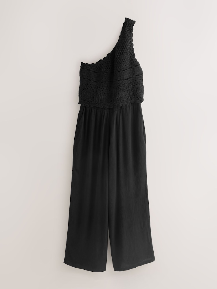 Black One Shoulder Crochet Mix Wide Leg Jumpsuit - Image 1 of 3