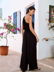 Black One Shoulder Crochet Mix Wide Leg Jumpsuit - Image 4 of 8