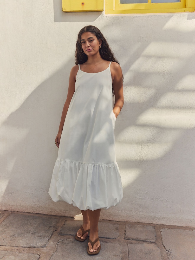 White 100% Cotton Bubble Hem Midi Dress - Image 1 of 5 White 100% Cotton Bubble Hem Midi Dress - Image 1 of 5