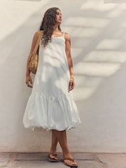 White 100% Cotton Bubble Hem Midi Dress - Image 2 of 5