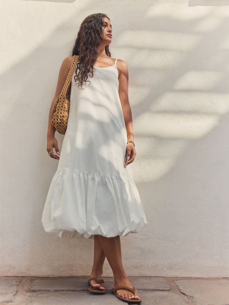 White 100% Cotton Bubble Hem Midi Dress - Image 2 of 5