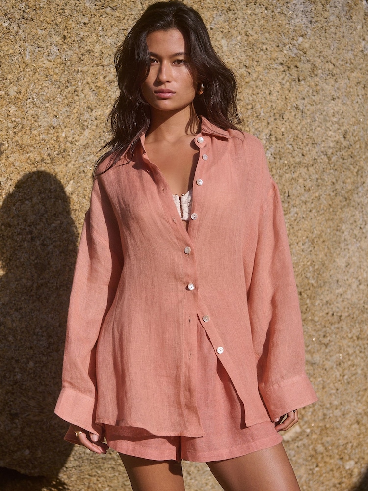 Rose pêche - Chemise de plage 100% lin - Image 1 of 7