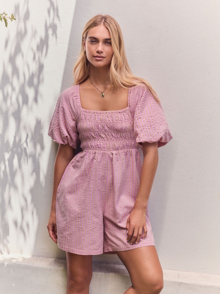 Pink/Yellow Off Shoulder Textured Playsuit - Image 1 of 4
