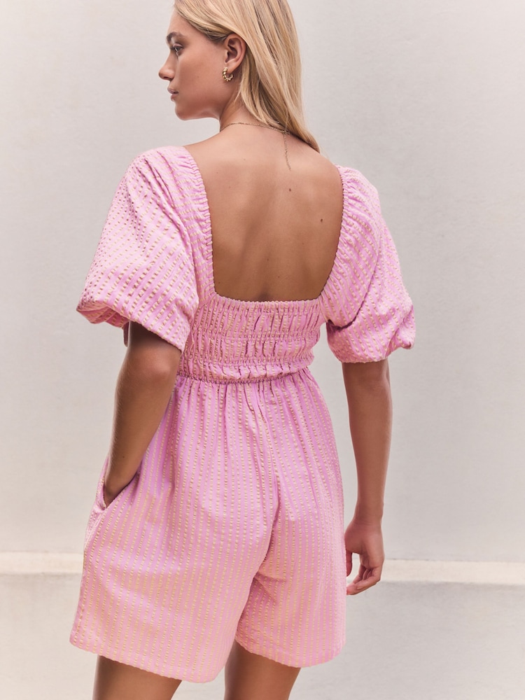 Pink/Yellow Off Shoulder Textured Playsuit - Image 2 of 4
