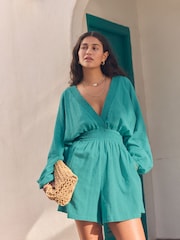 Teal Blue 100% Cotton Long Sleeve Playsuit - Image 1 of 7