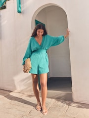 Teal Blue 100% Cotton Long Sleeve Playsuit - Image 2 of 7