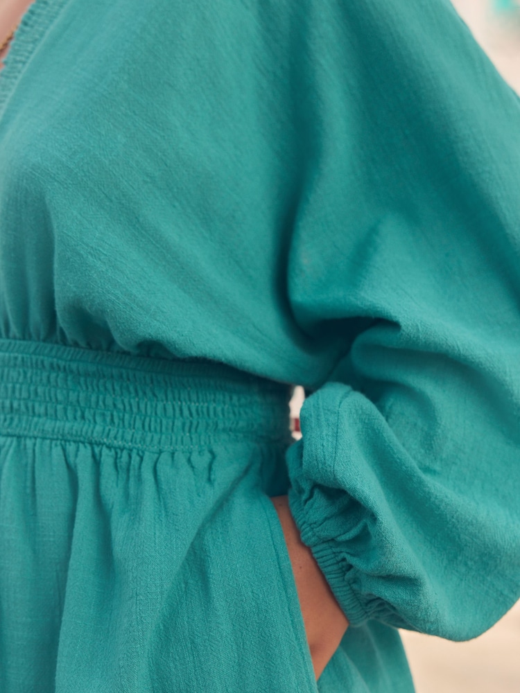 Teal Blue 100% Cotton Long Sleeve Playsuit - Image 7 of 7