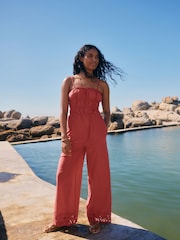 Rust Brown Shirred Wide Leg 100% Cotton Jumpsuit - Image 1 of 8