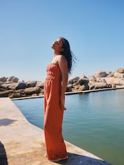 Rust Brown Shirred Wide Leg 100% Cotton Jumpsuit - Image 2 of 8