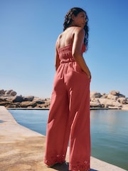 Rust Brown Shirred Wide Leg 100% Cotton Jumpsuit - Image 3 of 8