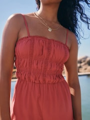 Rust Brown Shirred Wide Leg 100% Cotton Jumpsuit - Image 4 of 8