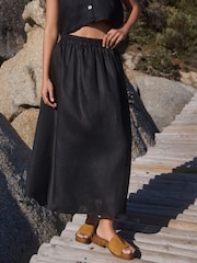 Black 100% Linen Midi Skirt - Image 1 of 5