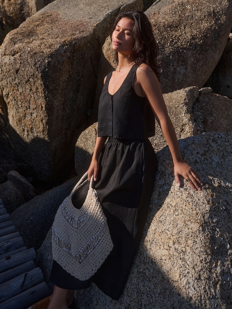 Black 100% Linen Midi Skirt - Image 2 of 5