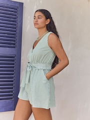 Green Textured Seersucker 100% Cotton Playsuit - Image 2 of 8