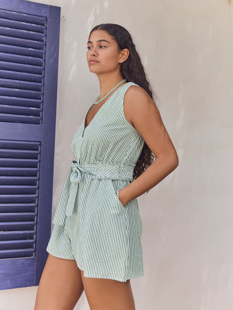 Green Textured Seersucker 100% Cotton Playsuit - Image 2 of 8