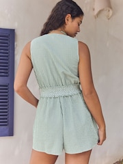 Green Textured Seersucker 100% Cotton Playsuit - Image 3 of 8