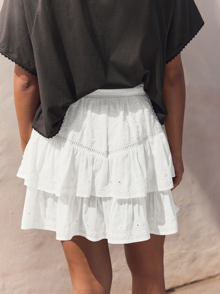 a knee length ruffle ra ra cotton dress The Frolic exclusive linen blend broderie rara skirt mini dress in black