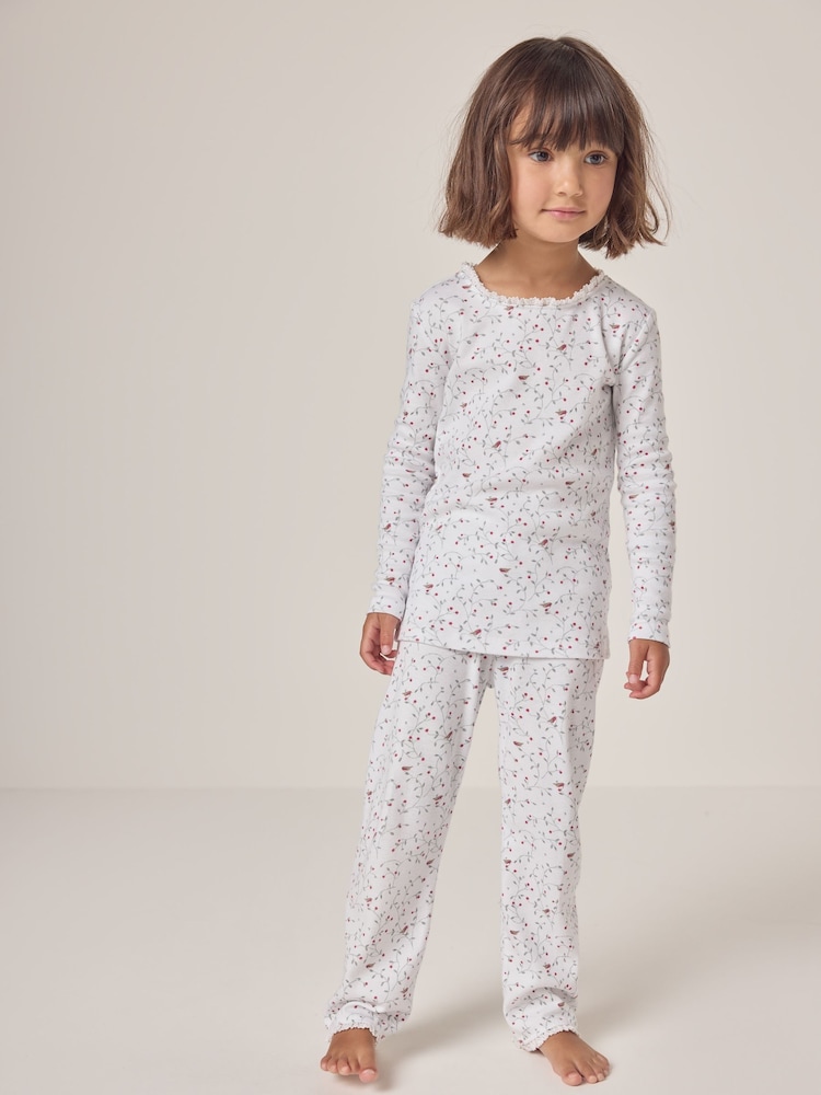 The White Company Robin and Holly Print 100% Cotton White Pyjamas - Image 1 of 7