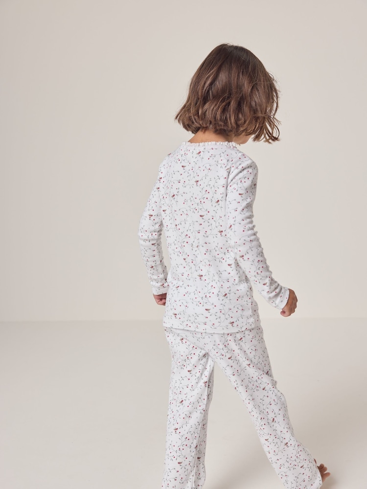 The White Company Robin and Holly Print 100% Cotton White Pyjamas - Image 2 of 7
