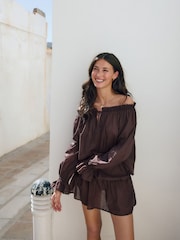 Chocolate Brown Off Shoulder Blouson Mini Dress - Image 1 of 10