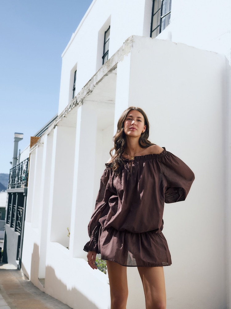 Chocolate Brown Off Shoulder Blouson Mini Dress - Image 2 of 10