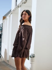 Chocolate Brown Off Shoulder Blouson Mini Dress - Image 3 of 10
