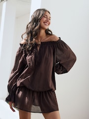 Chocolate Brown Off Shoulder Blouson Mini Dress - Image 4 of 10